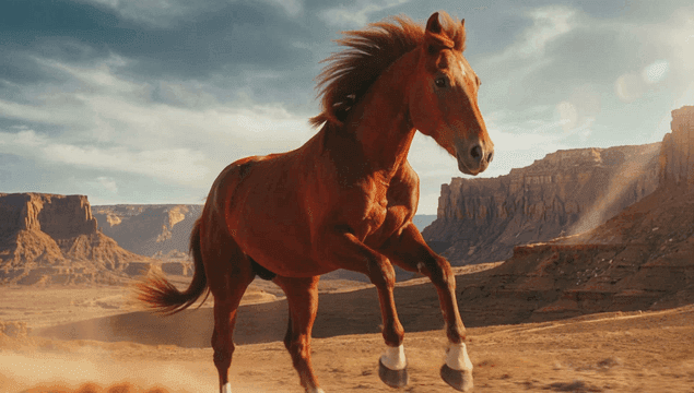 Red horse running in desert landscape