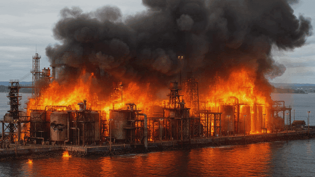 Industrial plant engulfed in flames