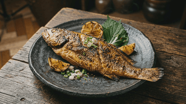 Grilled fish garnished with lemon and herbs