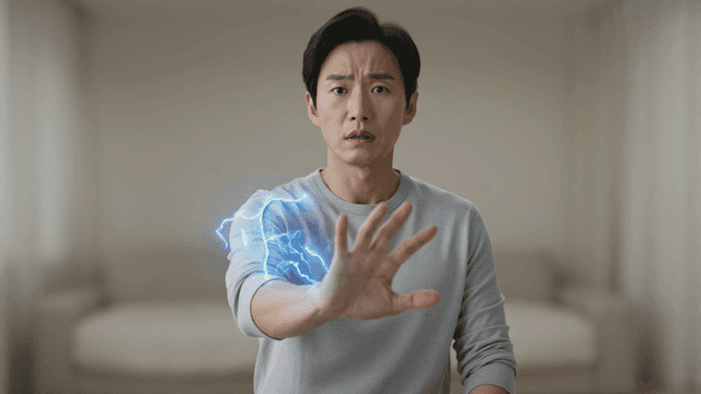 Man with glowing arm through electric current in room
