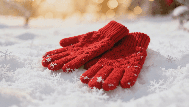 신선한 눈 위에 놓인 빨간 장갑