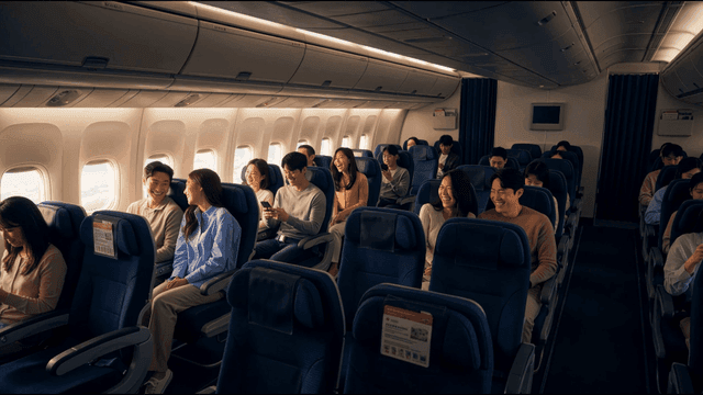 Smiling passengers on airplane