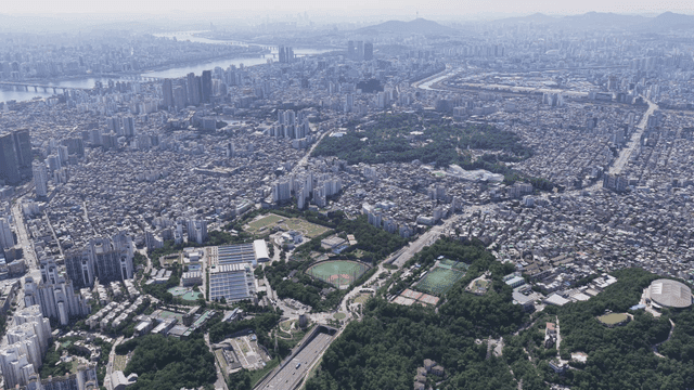 Cityscape with densely packed buildings