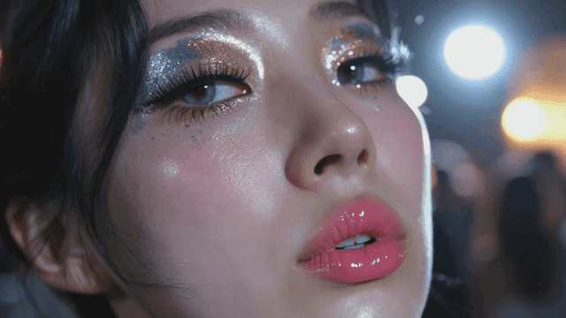 Glittery eye makeup with glossy lips
