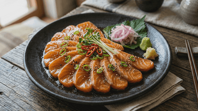 Salmon marinated beautifully on plate