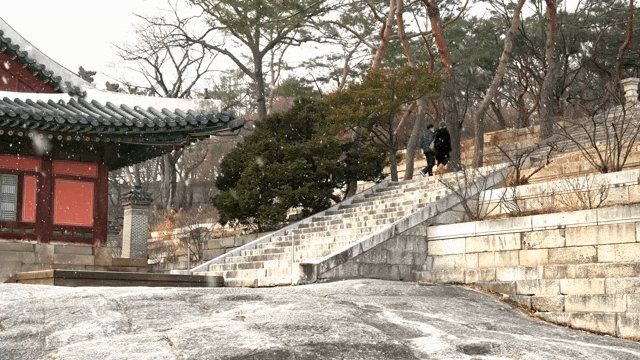 Stairs of Changgyeonggung Palace with snow falling
