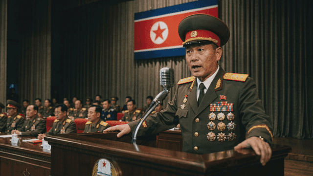 North Korean military officer giving speech on podium