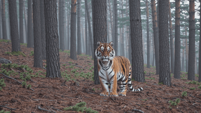 Tiger standing in foggy forest