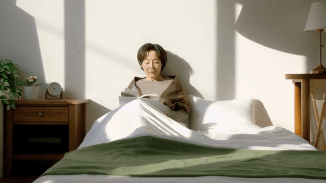 침대에서 책을 읽는 여성