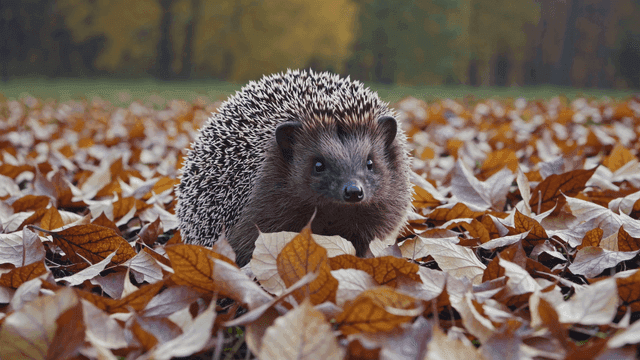 Hedgehog among autumn leaves.