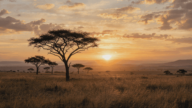 Sunset over the African savannah with acacia trees