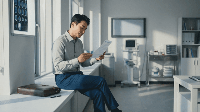 Doctor reviewing documents in a bright office