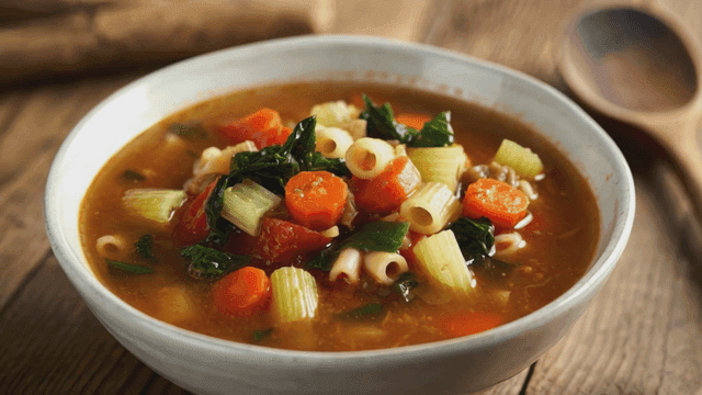 파스타가 들어간 야채 미네스트로네 수프 한 그릇