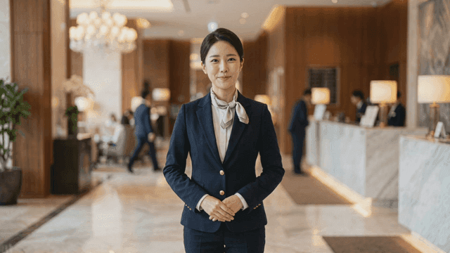 Warmly smiling staff member at hotel reception