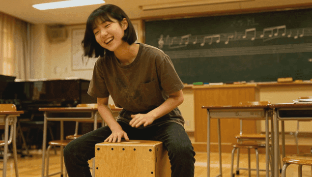 Female student playing cajon in music classroom