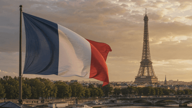 French flag waving near the Eiffel Tower