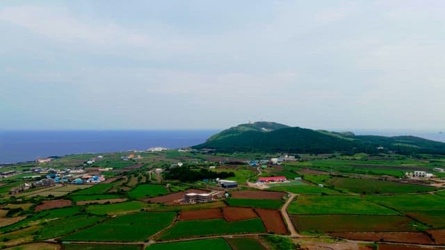 Coastal farmland with ocean and hills