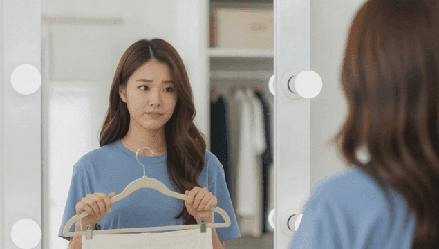 집 옷장 화장대 거울 앞에서 옷을 고민하는 젊은 여성