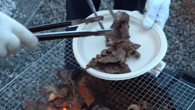 뜨거운 바비큐에서 구워지는 고기들