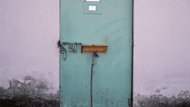 걸쇠가 있는 녹색 금속 문에 놓인 나무 선반