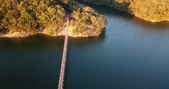 Bridge over a tranquil lake surrounded by forests