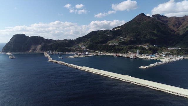 Coastal Village with Harbor and Mountainous Backdrop