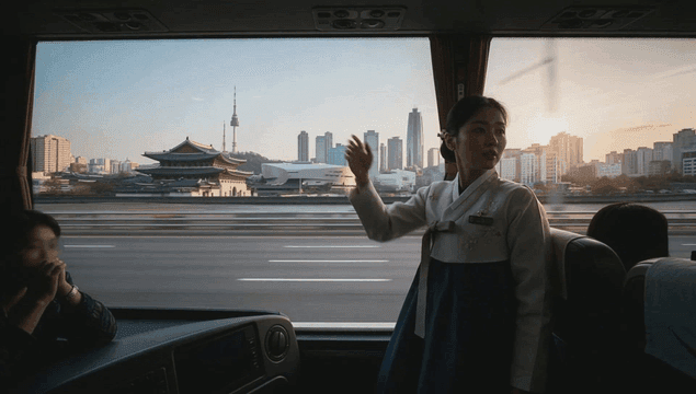 이동하는 버스안에서 서울 명소를 설명하는 가이더