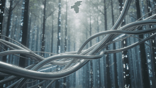 숲 속에 얽힌 금속 케이블