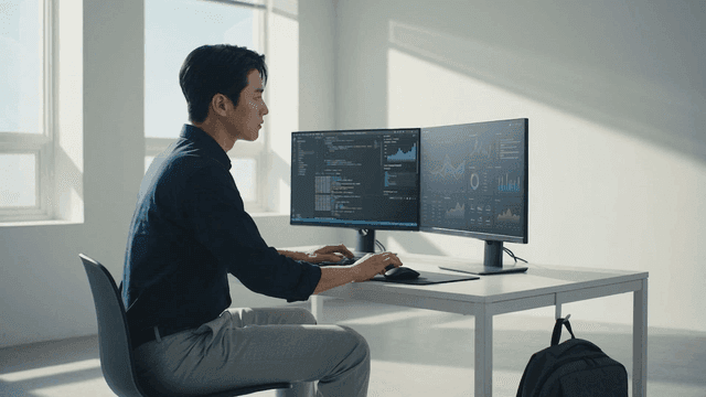 Man working at a desk with dual monitors