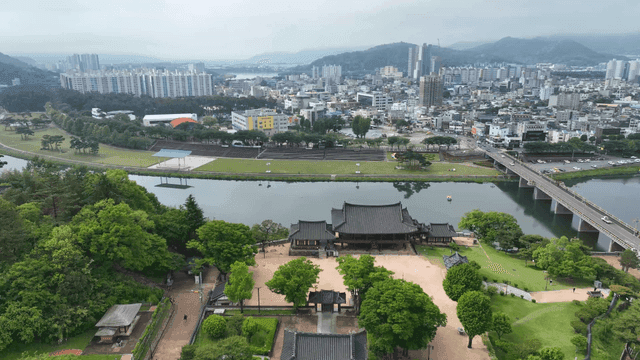 Cityscape with traditional Korean houses and river