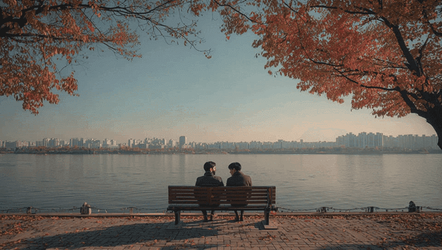 Two friends sitting on a bench by the river