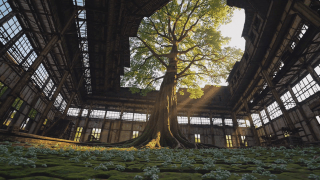 버려진 건물 안에 자라는 큰 나무