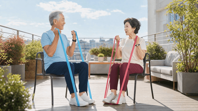 Elderly couple exercising with resistance bands