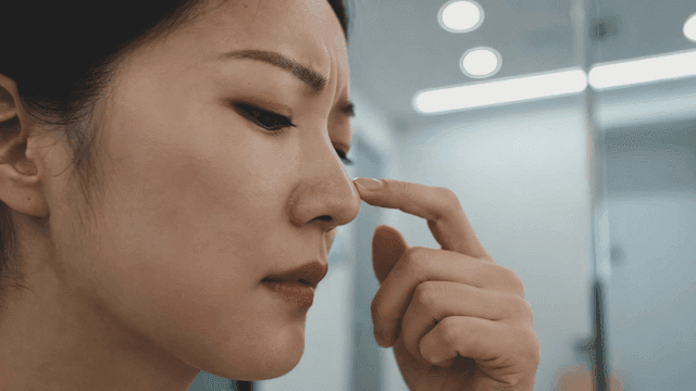 Woman touching bridge of her nose in pain