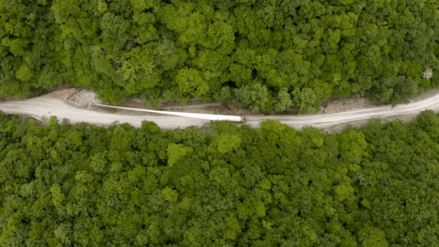 울창한 숲 속 도로에서 풍력 터빈 자재를 운반하는 모습