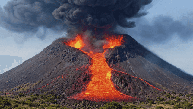 Volcanic eruption with flowing lava