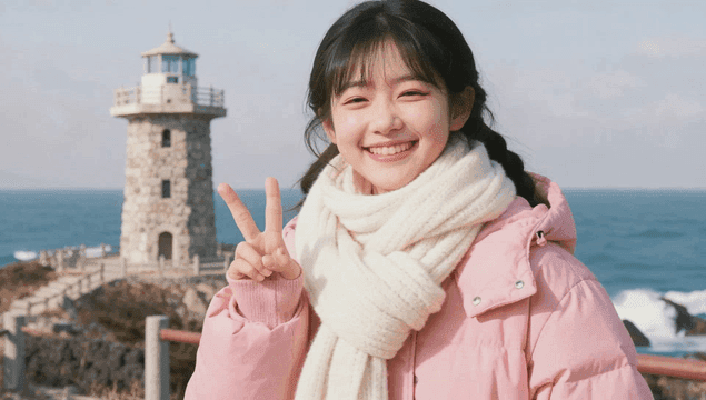 Girl posing with a lighthouse by the sea