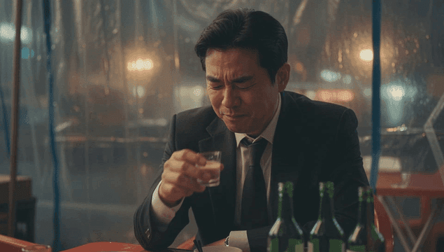 포장마차에서 혼자 소주를 마시는 양복입은 남자