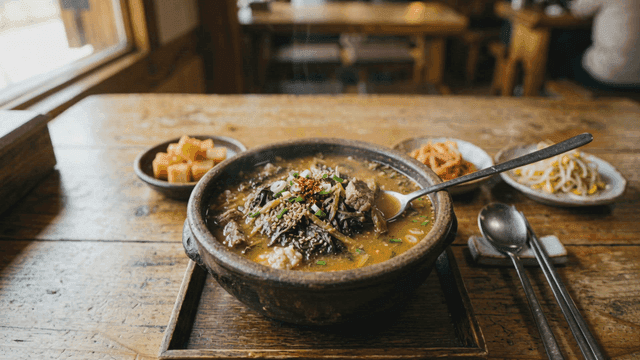 Siraegi soup with rice and side dishes on table
