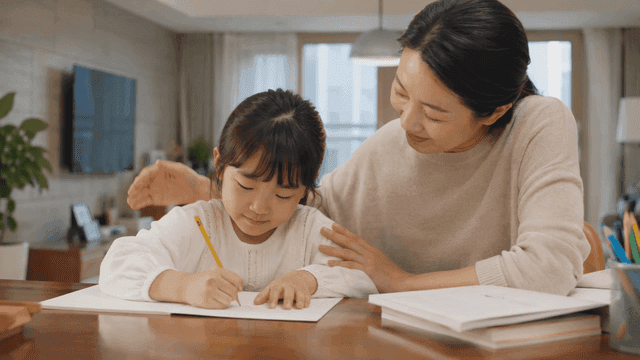 Mother helping her daughter with her homework