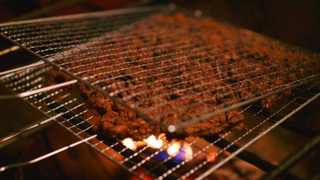 Grilling bulgogi over a campfire in the dark outdoors