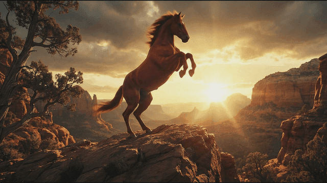Majestic red horse standing on two legs on rocky cliff at sunset