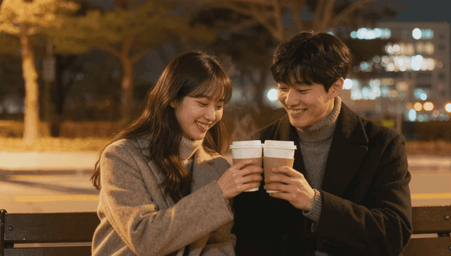 추운 겨울 공원 벤치에서 따듯한 커피를 즐기는 커플