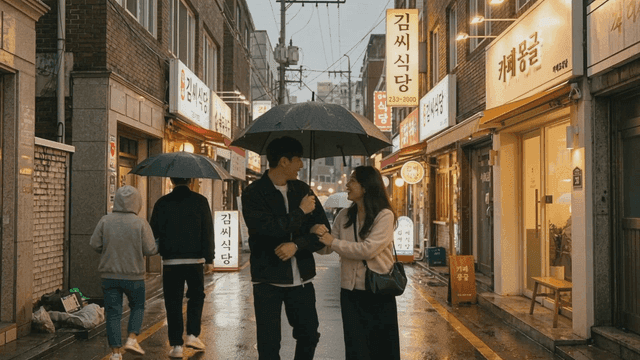 Couple walking with umbrella in rainy alley