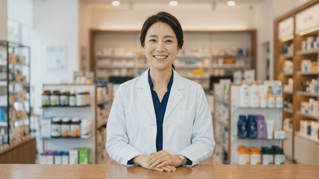 Pharmacist smiling in a pharmacy