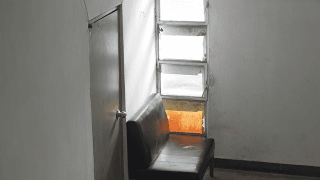 Door with window and bench