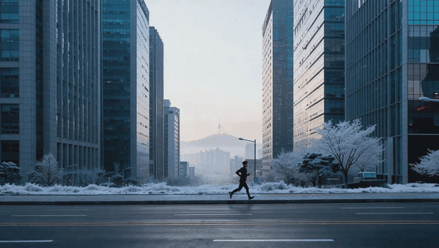 Person jogging in a snowy city street