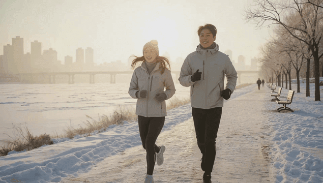 눈이 온 강변 공원을 달리는 커플