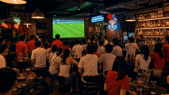A lively bar with people watching a soccer match