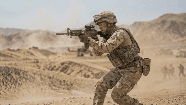 Soldiers advancing forward when firing gun in desert landscape